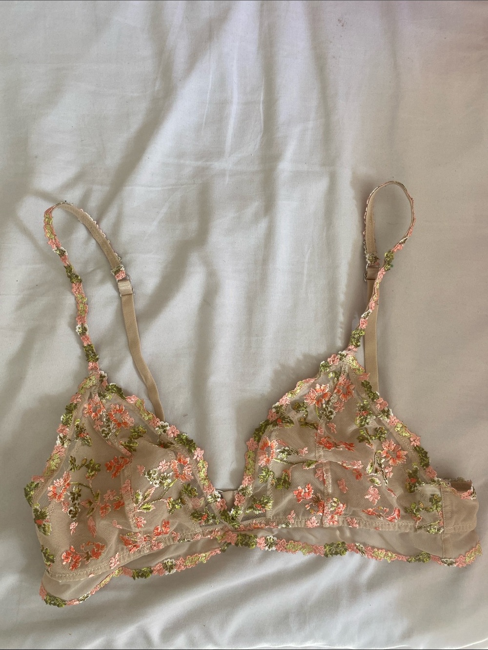 aerie Sheer Nude Bralette with Pink & Green Floral Embroidery